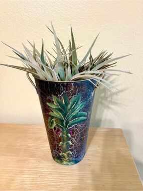 Decorative Metal Bucket W/Cracked Finish/Tropical Plant Painted